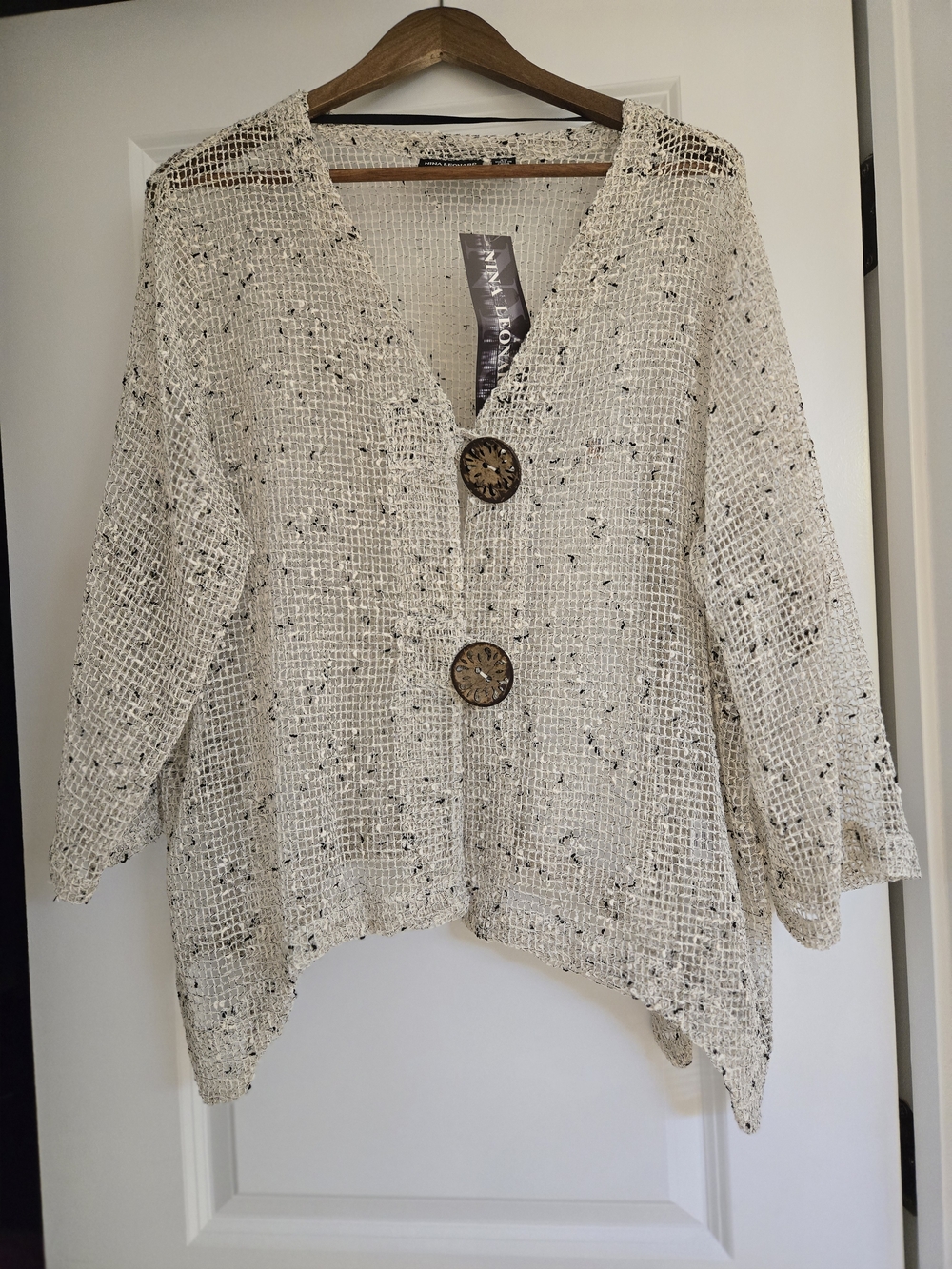 Nina Leonard Cream Open-Weave Button Front Cardigan